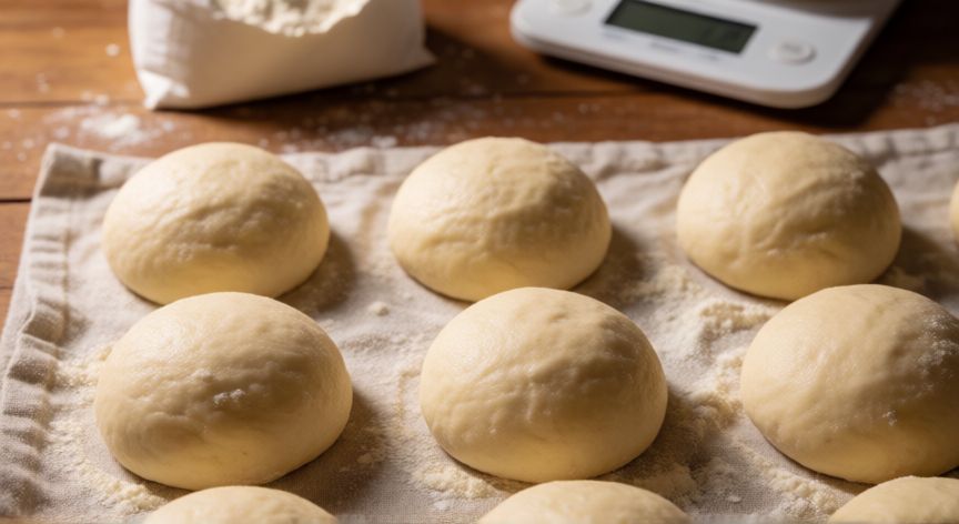 como hacer pan con 5 kilos de harina, Bollas de masa reposando en una tela de lino espolvoreada con harina