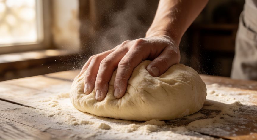 como hacer pan con 5 libras de harina, Manos amasando una gran masa de pan sobre mesa de madera con harina