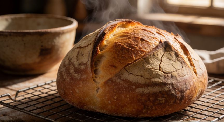 como hacer pan con 5 libras de harina, Hogaza de pan artesanal dorada y crujiente sobre rejilla de enfriamiento