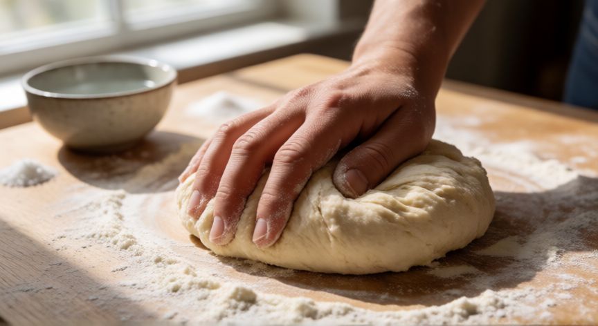 como hacer pan con 500 gramos de harina, Manos amasando masa de pan sobre una superficie de madera enharinada