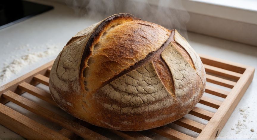 como hacer pan con 500 gramos de harina, Pan casero recién horneado con corteza dorada sobre una rejilla