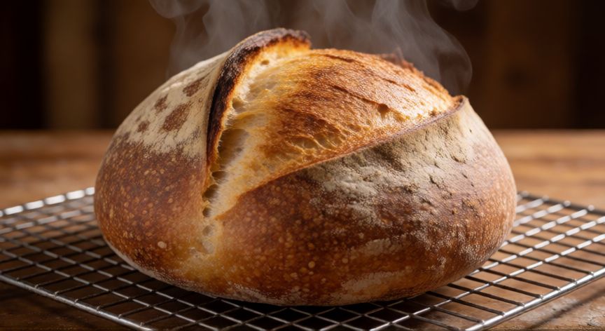 como hacer pan con harina 00, Pan artesanal recién horneado sobre rejilla con corteza dorada y miga blanca