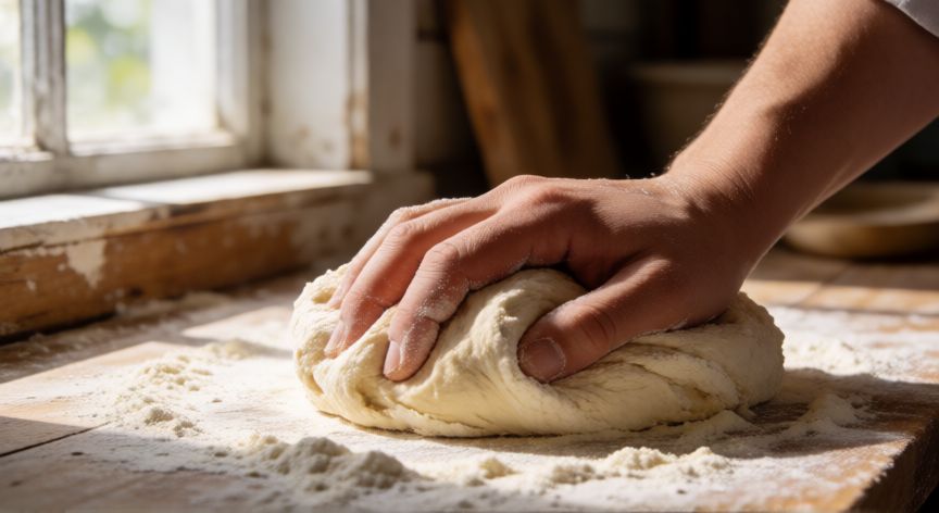 como hacer pan con harina 000 sin levadura, Manos amasando masa de pan con harina 000 en cocina rústica