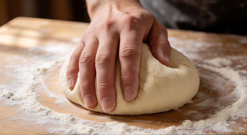 como hacer pan con harina 000 y levadura, Manos amasando una masa de pan elástica con harina 000 sobre una mesa de madera