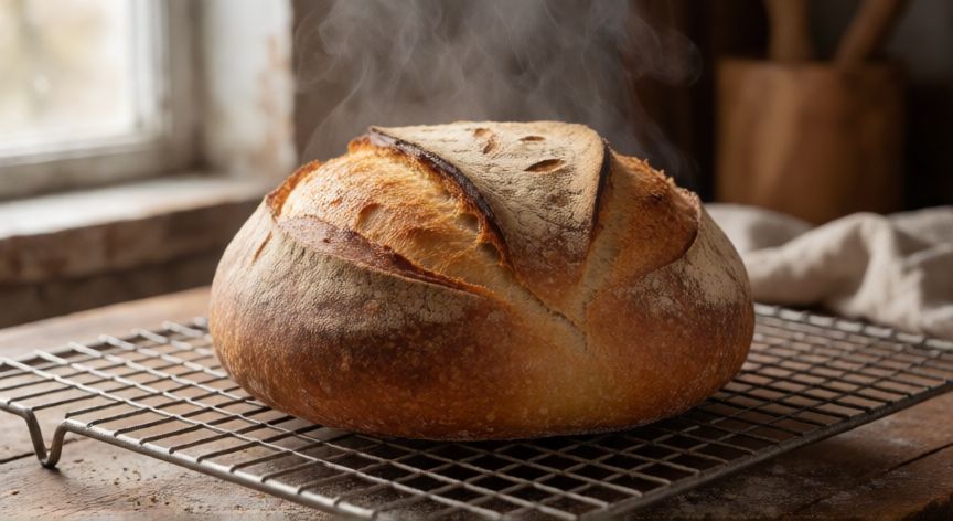 como hacer pan con harina 000 y levadura, Hogaza de pan artesanal dorada enfriándose sobre una rejilla metálica