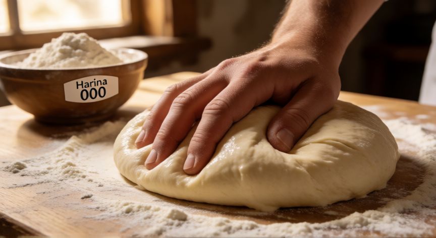 como hacer pan con harina 000 y levadura seca, Manos amasando masa de pan con harina 000 en una mesa de madera