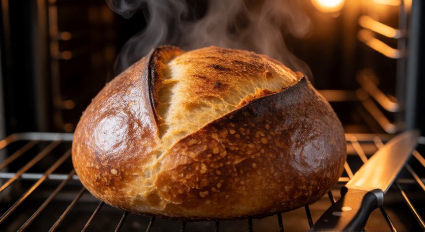 como hacer pan con harina 000 y levadura seca, Pan de masa madre recién horneado con corteza dorada y crujiente enfriándose