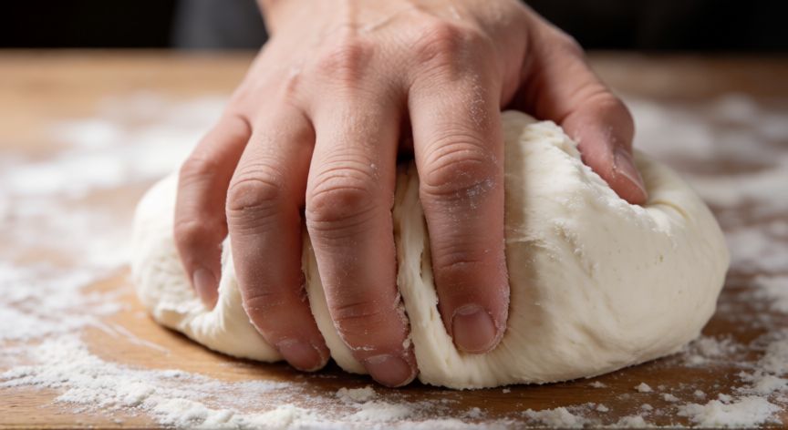 como hacer pan con harina 0000, Manos amasando masa de harina 0000 sobre superficie de madera