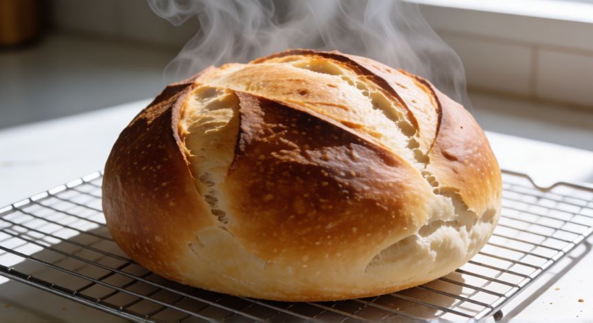 como hacer pan con harina 0000, Pan de hogaza recién horneado con corteza dorada sobre rejilla