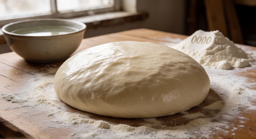 como hacer pan con harina 0000 sin levadura, Masa de pan sin amasar con harina 0000 sobre mesa de madera