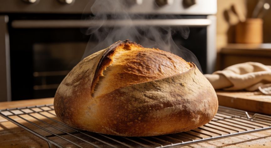 como hacer pan con harina 0000 sin levadura, Pan artesanal recién horneado con corteza dorada y crujiente