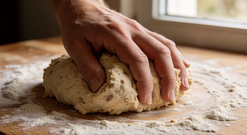 como hacer pan con harina 4 ceros, Manos amasando masa de pan con harina de cuatro cereales sobre encimera de madera