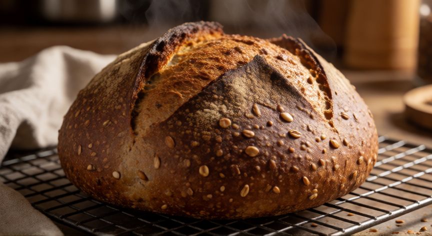 como hacer pan con harina 4 ceros, Pan artesanal de cuatro cereales recién horneado con corteza crujiente sobre rejilla