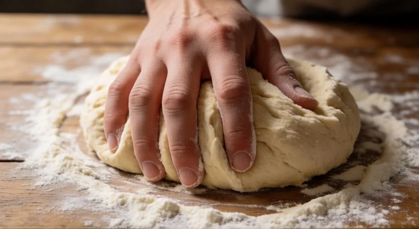 Manos amasando masa de pan con harina de trigo sobre mesa de madera
