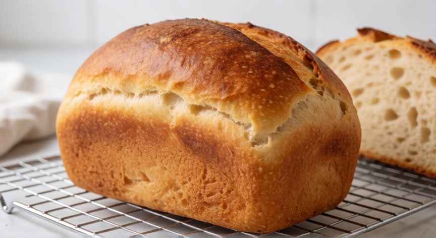 como hacer pan con harina de trigo, Pan de hogaza dorado enfriándose sobre rejilla con corteza crujiente