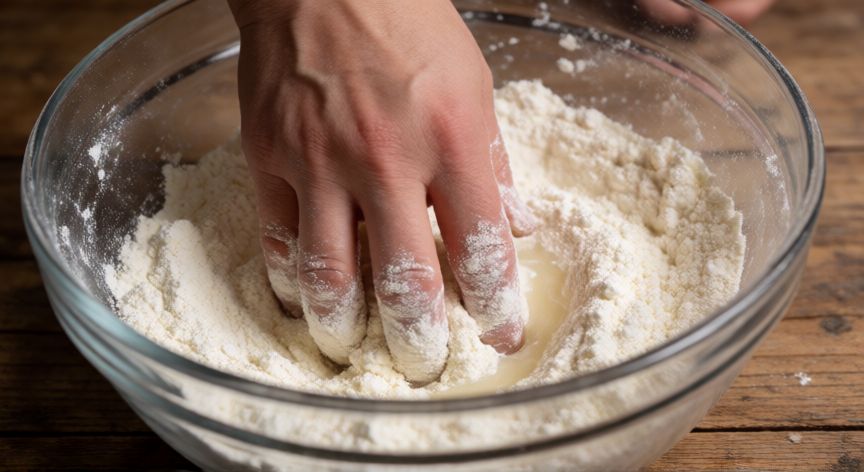 como hacer pan con harina normal, Manos mezclando harina y agua en un bol de cristal para preparar masa de pan