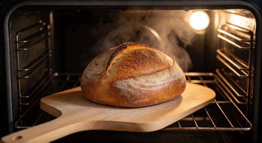 como hacer pan con harina normal, Hogaza de pan artesano dorándose en el horno con vapor visible
