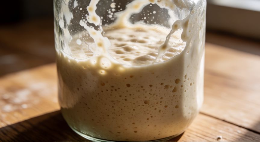 como hacer pan con masa madre, Masa madre activa en un bote de cristal mostrando burbujas y textura cremosa