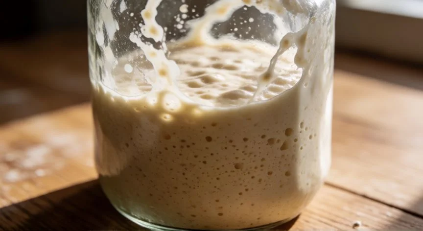 Masa madre activa en un bote de cristal mostrando burbujas y textura cremosa