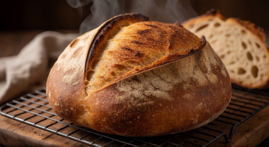 como hacer pan con masa madre, Pan de masa madre recién horneado con corteza dorada y oreja visible sobre una rejilla