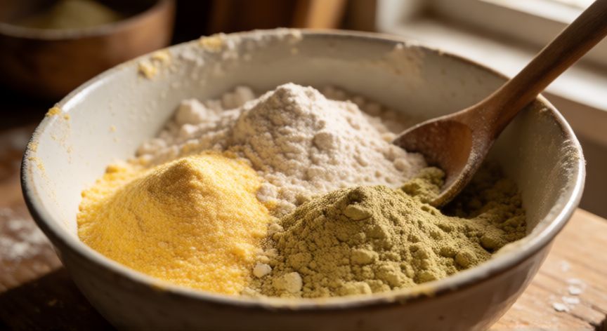 Mezcla de tres harinas sin gluten en un bol de cocina