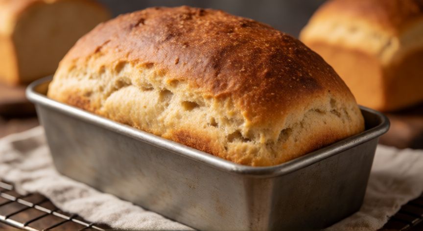 como hacer pan con mezcla 3 harinas sin gluten, Pan de tres harinas sin gluten recién horneado en molde