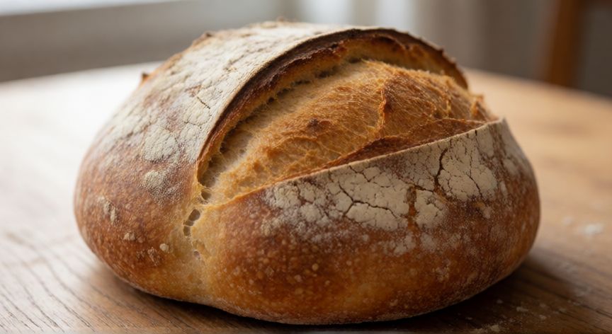 como hacer pan con trigo sarraceno, Pan de trigo sarraceno recién horneado sobre mesa de madera