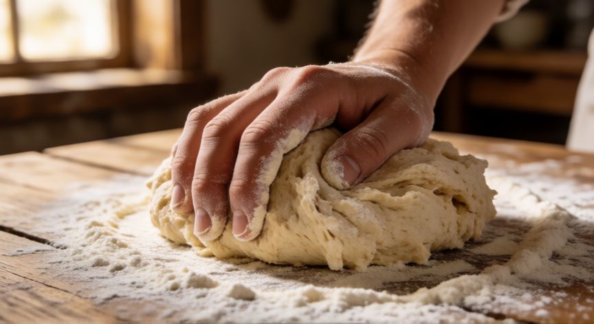 como hacer pan de 3lote, Manos amasando masa de pan artesanal sobre mesa de madera