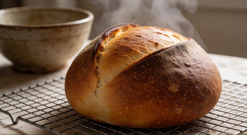 como hacer pan de 3lote, Pan de tres lotes recién horneado con corteza dorada sobre rejilla