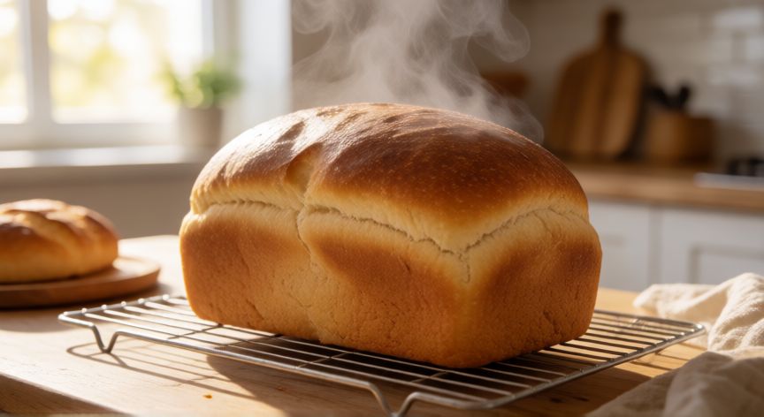 como hacer pan de 5 tazas, Pan de 5 tazas recién horneado con corteza dorada