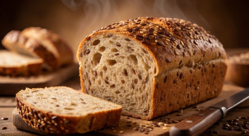 como hacer pan de 7 granos, Pan de 7 granos recién horneado con miga esponjosa y semillas visibles