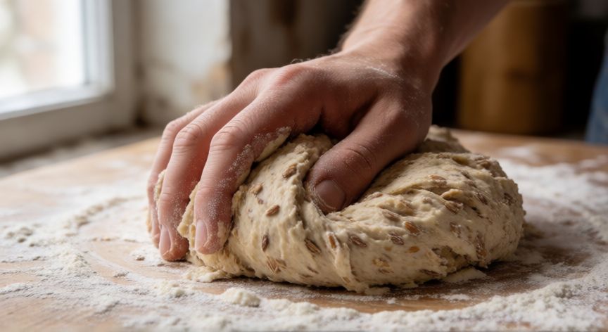 como hacer pan de 7 granos, Manos amasando masa de pan de granos enteros sobre una mesa de madera