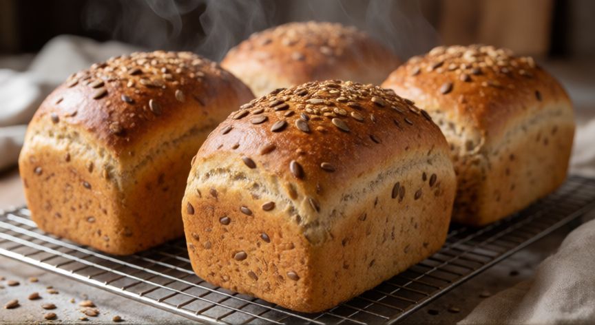 como hacer pan de 7 semillas, Hogazas de pan de siete semillas recién horneadas sobre una rejilla