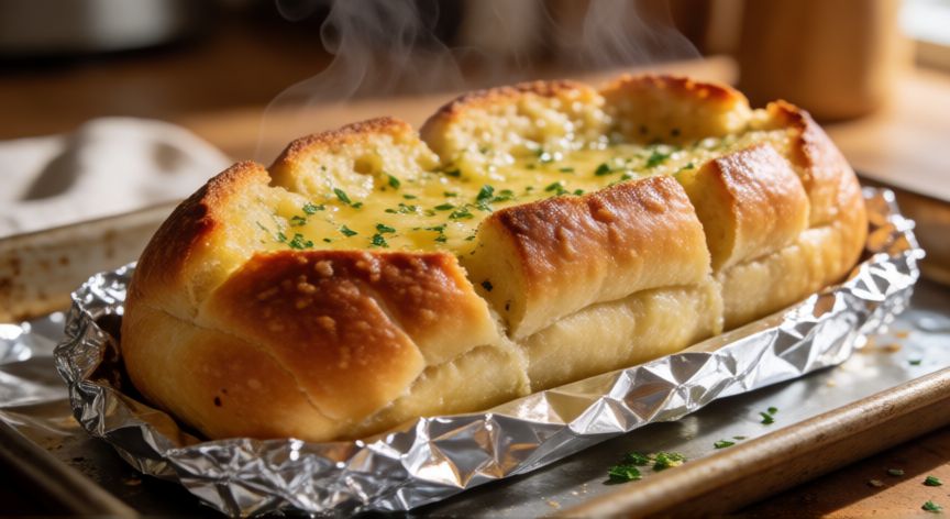 como hacer pan de ajo, Pan de ajo dorado y crujiente recién salido del horno con papel aluminio
