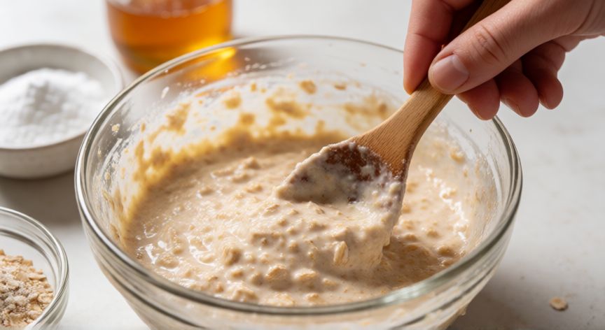 como hacer pan de avena, Manos mezclando la masa de avena en un bol de vidrio con utensilios de cocina cerca