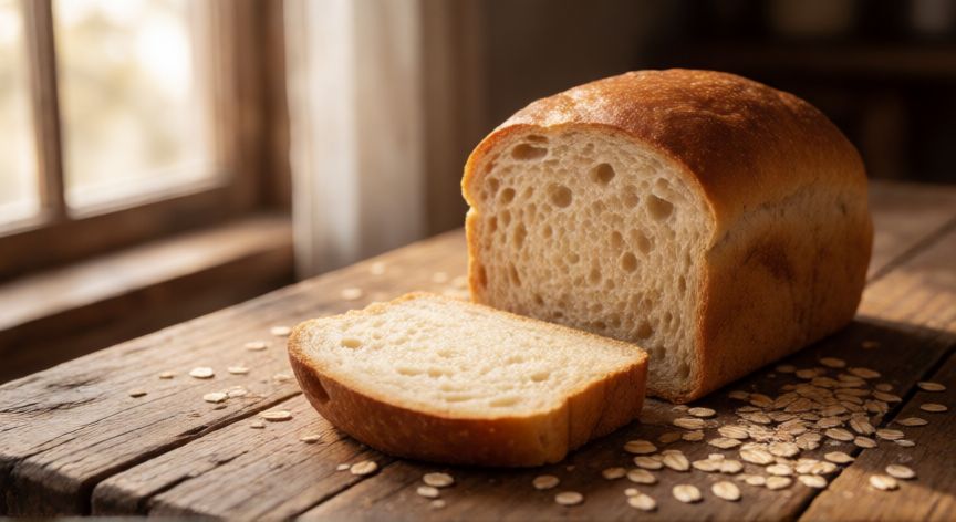 como hacer pan de avena esponjoso, Pan de avena esponjoso recién horneado con textura aireada y copos de avena alrededor