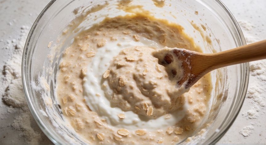 como hacer pan de avena esponjoso, Preparación de la masa de pan de avena en un bol de vidrio con cuchara de madera