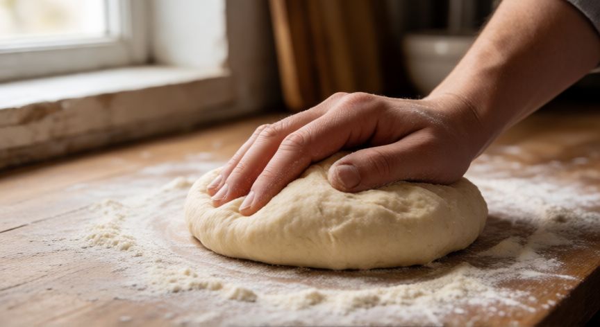 como hacer pan de hamburguesa, Manos amasando masa de pan fresca en una encimera de madera