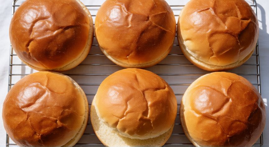 como hacer pan de hamburguesa, Panes de hamburguesa dorados enfriando sobre una rejilla