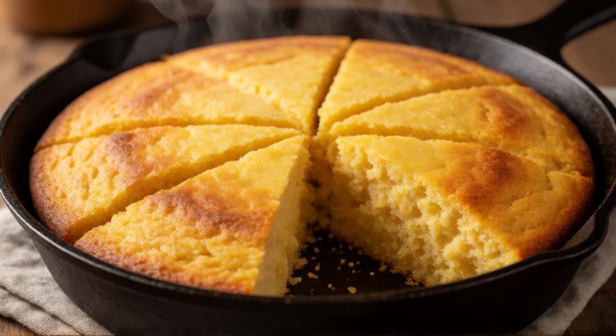 como hacer pan de maiz, Pan de maíz recién horneado y dorado en molde redondo