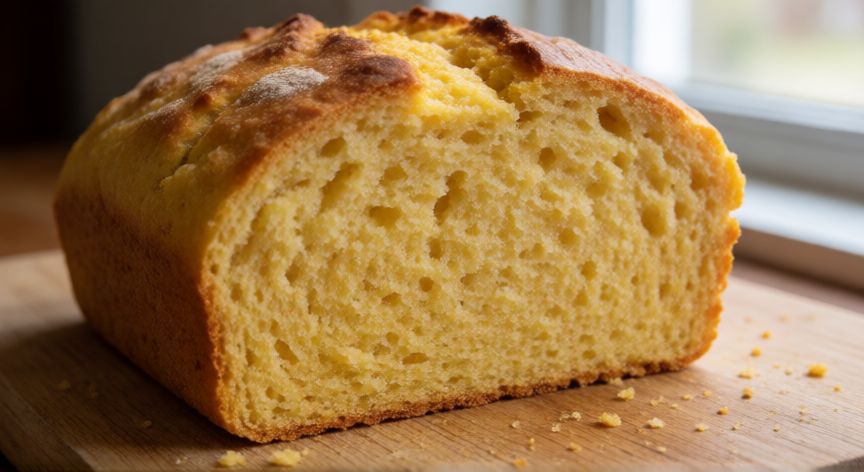 como hacer pan de maíz sin trigo, Pan de maíz sin trigo recién horneado y cortado mostrando su textura interior