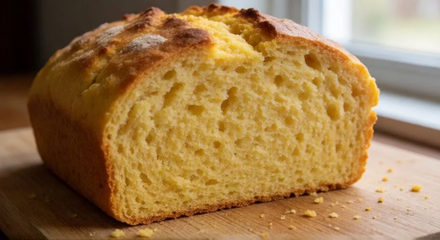 Pan de maíz sin trigo recién horneado y cortado mostrando su textura interior