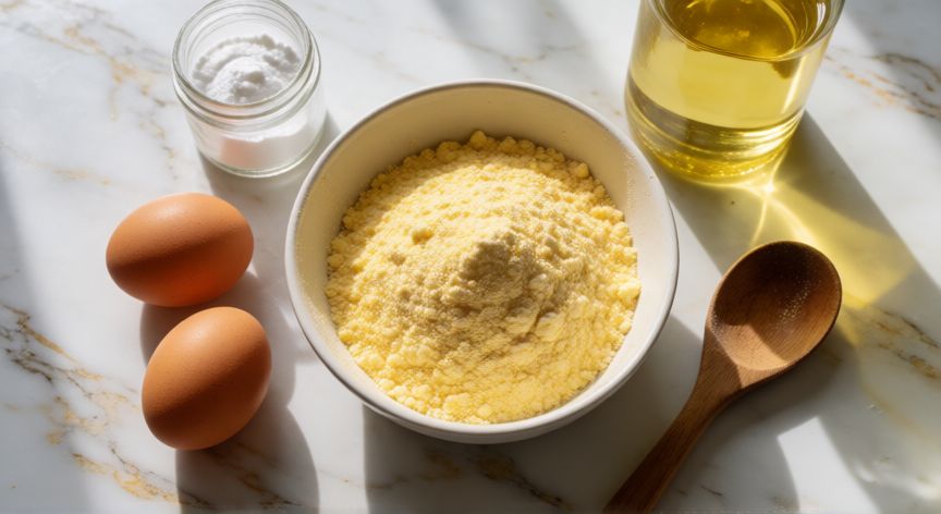 como hacer pan de maíz sin trigo, Ingredientes para preparar pan de maíz sin gluten sobre una encimera de mármol