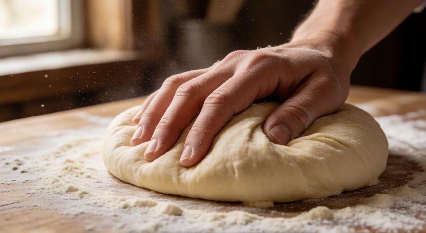 como hacer pan de pita, Manos amasando la masa de pan pita sobre una superficie de madera con harina