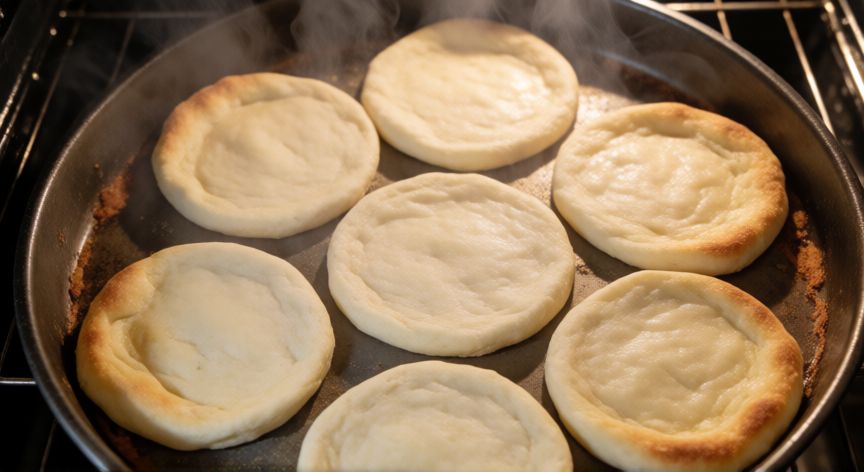 como hacer pan de pita, Discos de masa de pita en una bandeja de horno lista para cocinarse