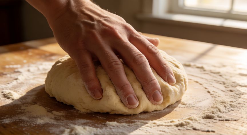 como hacer pan de wrap, Manos amasando masa de pan de wrap sobre mesa de madera