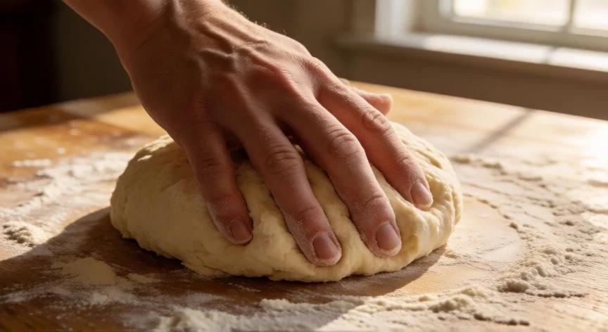 Manos amasando masa de pan de wrap sobre mesa de madera