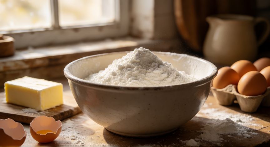 como hacer pan de yuca con almidon de yuca, Ingredientes para pan de yuca: almidón, mantequilla y huevos en una cocina rústica