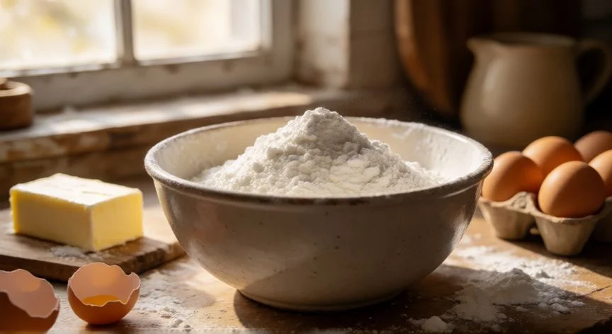 Ingredientes para pan de yuca: almidón, mantequilla y huevos en una cocina rústica