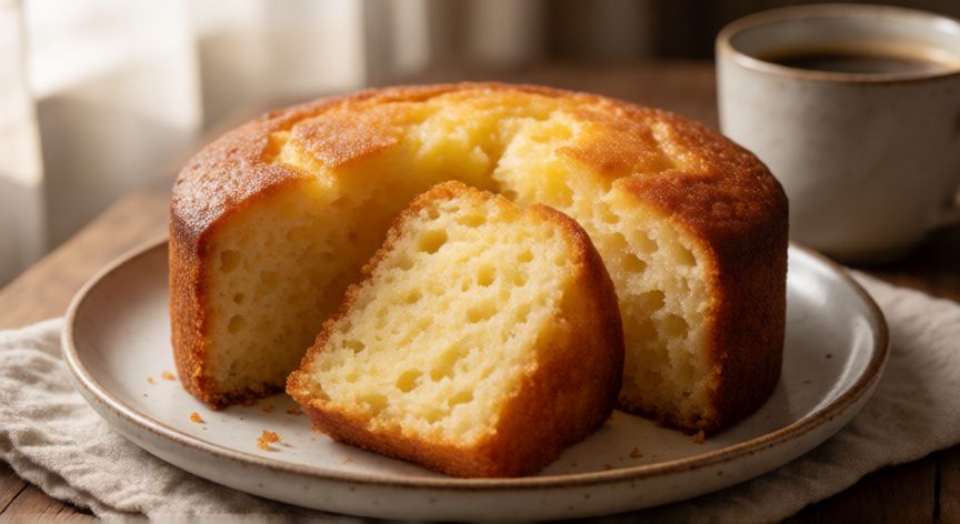 como hacer pan de yuca con almidon de yuca, Rebanada de pan de yuca dorado mostrando su interior esponjoso junto a un café